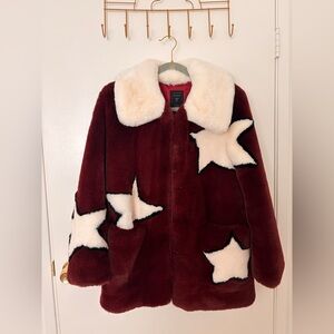 GUESS Burgundy Faux Fur Star Coat (XS)
